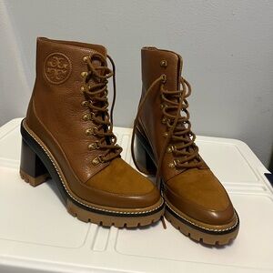 Tory Burch Tan Leather Lace-Up Boots